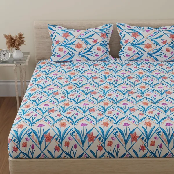 144_TC_Bedsheet_for_King_Size_Bed_with_2_Pillow_Covers_|_Blue,_Yellow_&_White_|_Botanical_Chevron
