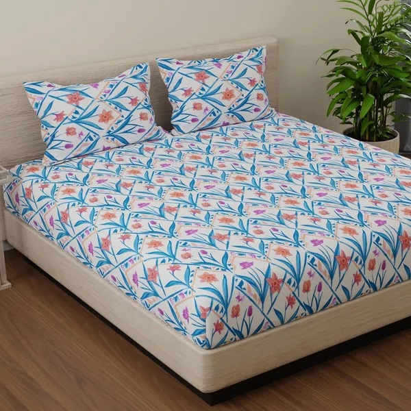 144_TC_Bedsheet_for_King_Size_Bed_with_2_Pillow_Covers_|_Blue,_Yellow_&_White_|_Botanical_Chevron