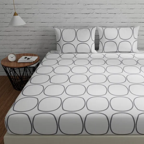 144_TC_Cotton_Fitted_Bedsheets_King_Size_with_2_Pillow_Covers_|_6ft_x_6.5ft_|_White_(Grey_Circles)