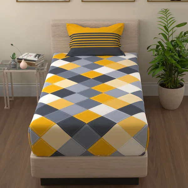 Checkered_Cotton_Bedsheet_Single_Bed_with_1_Pillow_Cover_-_Yellow_and_Grey__-_Thread_Count_144