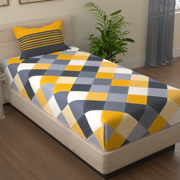 Checkered_Cotton_Bedsheet_Single_Bed_with_1_Pillow_Cover_-_Yellow_and_Grey__-_Thread_Count_144