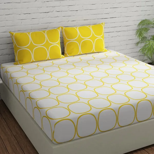 144_TC_Fitted_Double_Bedsheet_Cotton_with_2_Pillow_Covers_-_Color_|_5ft_x_6.5ft_|_White_&_Yellow