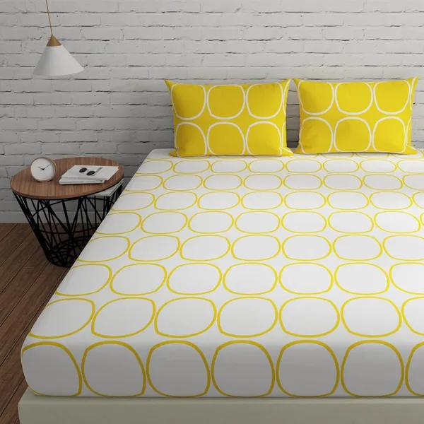 144_TC_Fitted_Double_Bedsheet_Cotton_with_2_Pillow_Covers_-_Color_|_5ft_x_6.5ft_|_White_&_Yellow