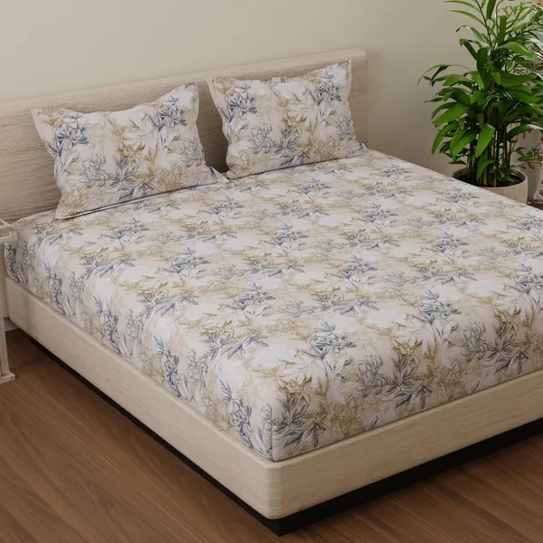 144_TC_Cotton_Bedsheets_for_King_Size_Bed_with_2_Pillow_Covers_|_Beige,_White_&_Grey