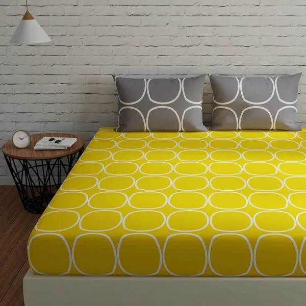 144_TC_Cotton_Elastic_Fitted_Bedsheets_King_Size_with_2_Pillow_Covers_|_72_x_78_inches,_Yellow_&_Grey
