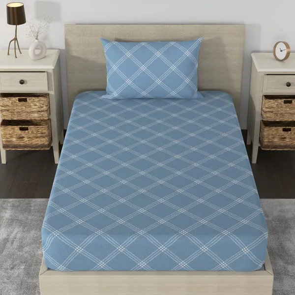 210_TC_Fitted_Cotton_Bedsheet_Single_Bed_with_1_Pillow_Cover_|_36x78_inches_|_Blue