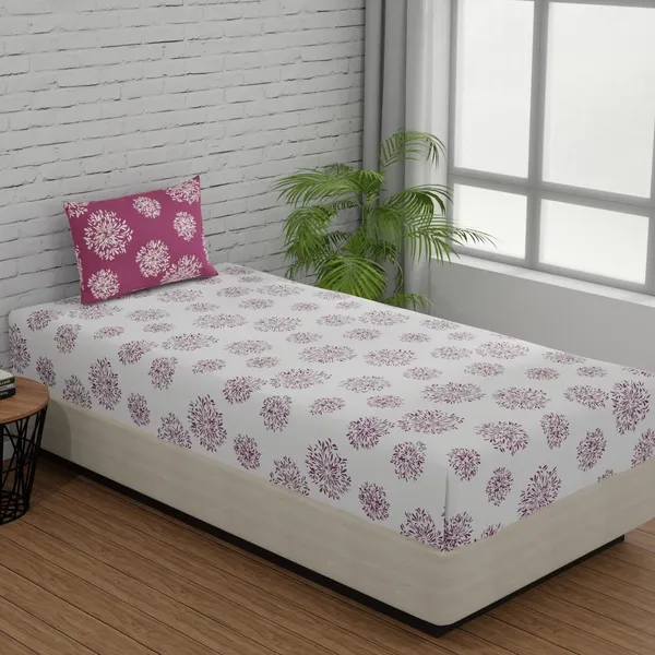 144_TC_Fitted_Single_Bedsheet_Cotton_with_1_Pillow_Cover_|_3ft_x_6.5ft_|_White_&_Mauve