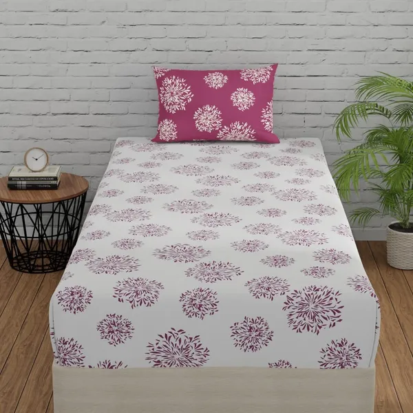 144_TC_Fitted_Single_Bedsheet_Cotton_with_1_Pillow_Cover_|_3ft_x_6.5ft_|_White_&_Mauve