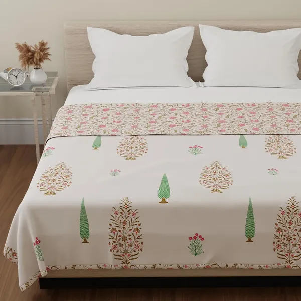 Cotton_Reversible_Single_Dohar,_Lightweight_AC_Blanket_for_All_Weather_Use_|_Botanical_Fusion_-_Ivory,_Brown_&_Pink