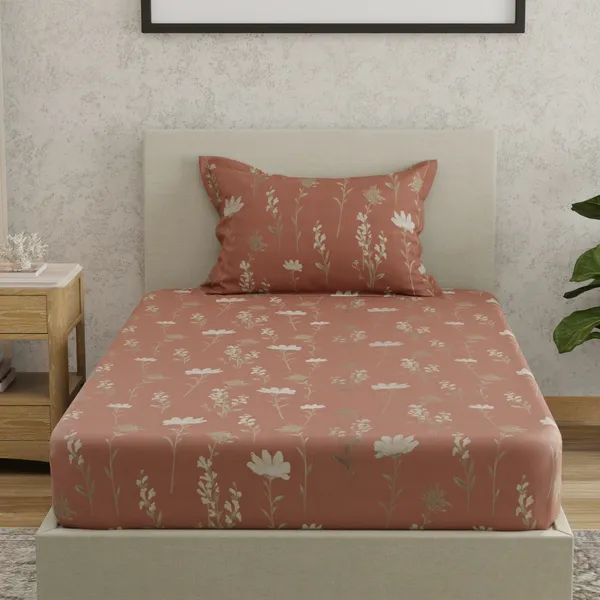 144_TC_Bedsheet_for_Single_Bed_with_1_Pillow_Cover_|_Rust,_White_&_Grey