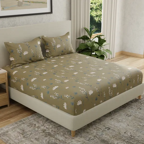 144_TC_Double_Bedsheet_Cotton_with_2_Pillow_Covers_|_Olive_Green,_White_&_Grey
