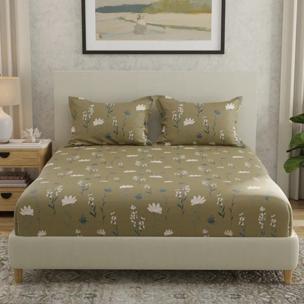 144_TC_Double_Bedsheet_Cotton_with_2_Pillow_Covers_|_Olive_Green,_White_&_Grey