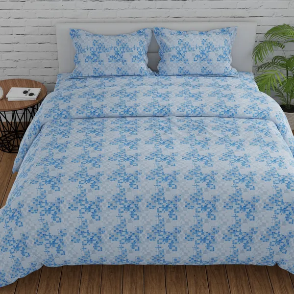144_TC_King_Size_Bedsheet_Cotton_with_2_Pillow_Covers_|_Grid_|_Blue,_Grey_&_White_|_108_x_108_inches