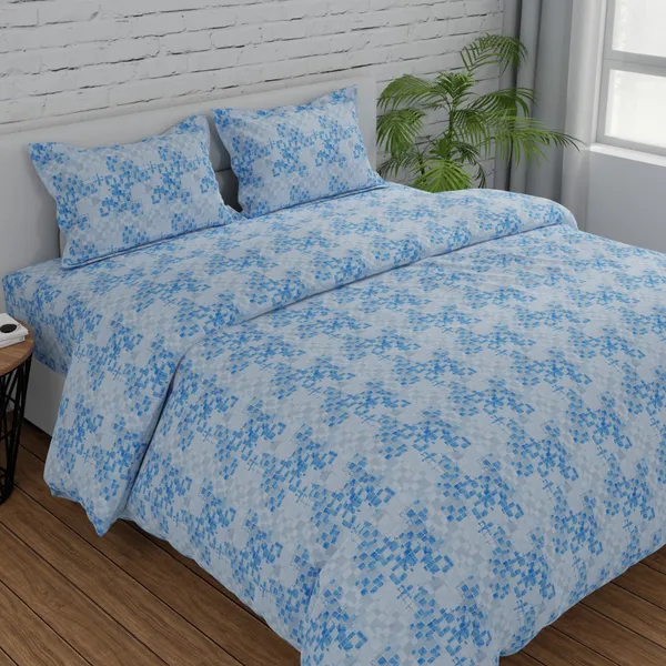 144_TC_King_Size_Bedsheet_Cotton_with_2_Pillow_Covers_|_Grid_|_Blue,_Grey_&_White_|_108_x_108_inches