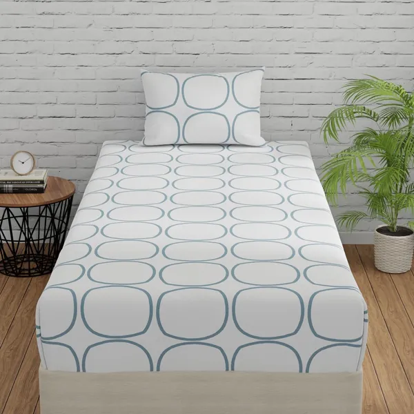 144_TC_Fitted_Bedsheet_for_Single_Bed_with_1_Pillow_Cover_|_36_x_78_inches_|_White_(Blue_Circles)