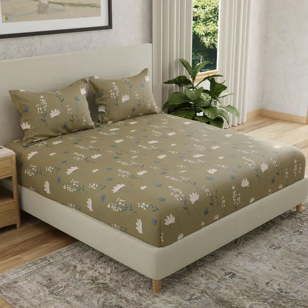 144_TC_Cotton_Elastic_Fitted_Bedsheets_King_Size_with_2_Pillow_Covers_|_72_x_78_inches_|_Olive_Green,_White_&_Grey