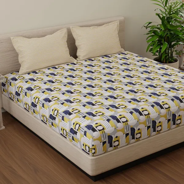 144_TC_Double_Bedsheet_Cotton_with_2_Pillow_Covers_|_White,_Blue_&_Yellow