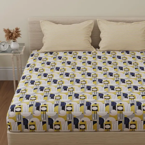 144_TC_Double_Bedsheet_Cotton_with_2_Pillow_Covers_|_White,_Blue_&_Yellow