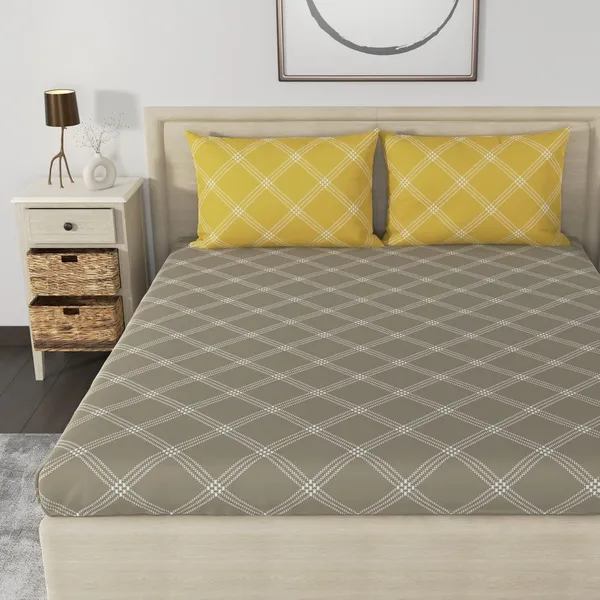 210_TC_Cotton_Elastic_Fitted_Bedsheets_King_Size_with_2_Pillow_Covers_|_72x78_inches_|_Brandon_Beige_&_Yellow