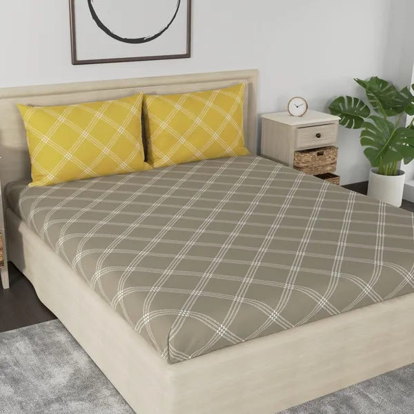 210_TC_Cotton_Elastic_Fitted_Bedsheets_King_Size_with_2_Pillow_Covers_|_72x78_inches_|_Brandon_Beige_&_Yellow