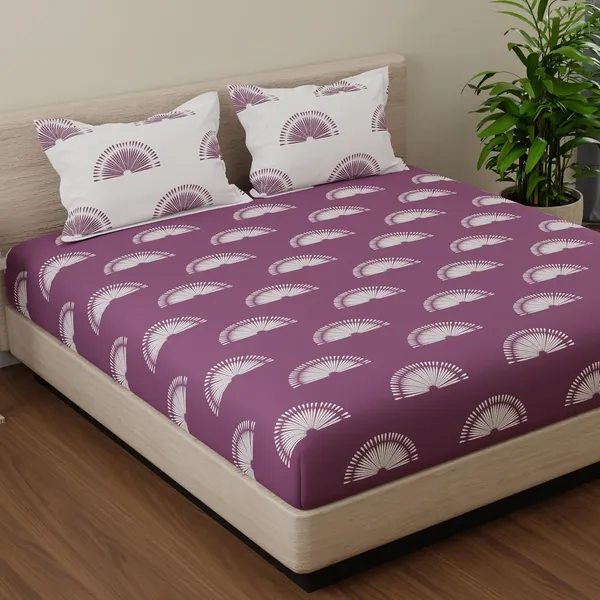 144_TC_Cotton_Fitted_Bed_sheets_for_King_Bed_with_2_Pillow_Covers_|_Sunrise_|_Grape_Purple_&_White