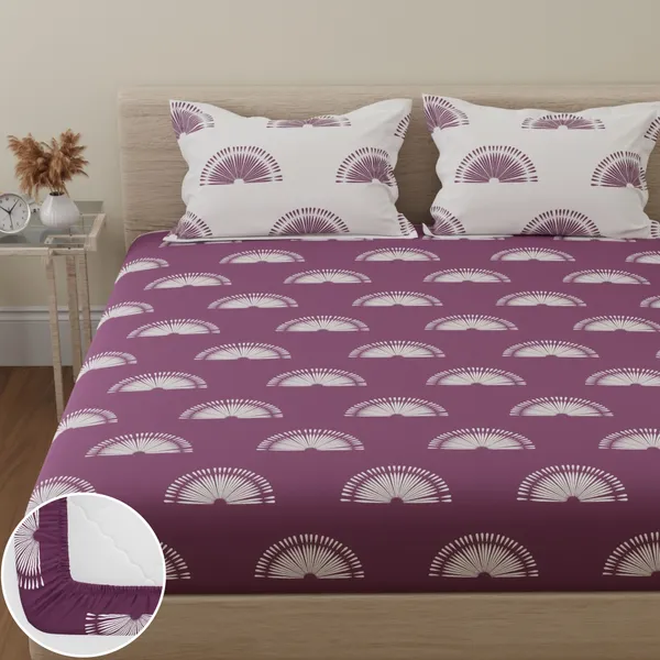 144_TC_Cotton_Fitted_Bed_sheets_for_King_Bed_with_2_Pillow_Covers_|_Sunrise_|_Grape_Purple_&_White