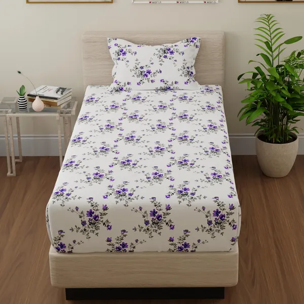 144_TC_Floral_Cotton_Single_Bedsheet_with_1_Pillow_Cover_-_White,_Purple
