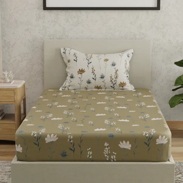 144_TC_Bedsheet_for_Single_Bed_with_1_Pillow_Cover_|_Olive_Green,_White
