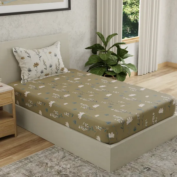 144_TC_Bedsheet_for_Single_Bed_with_1_Pillow_Cover_|_Olive_Green,_White