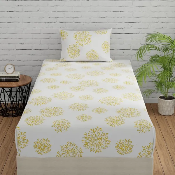 144_TC_Fitted_Bedsheet_for_Single_Bed_with_1_Pillow_Cover_|_36_x_78_inches_|_White_(Yellow_Print)