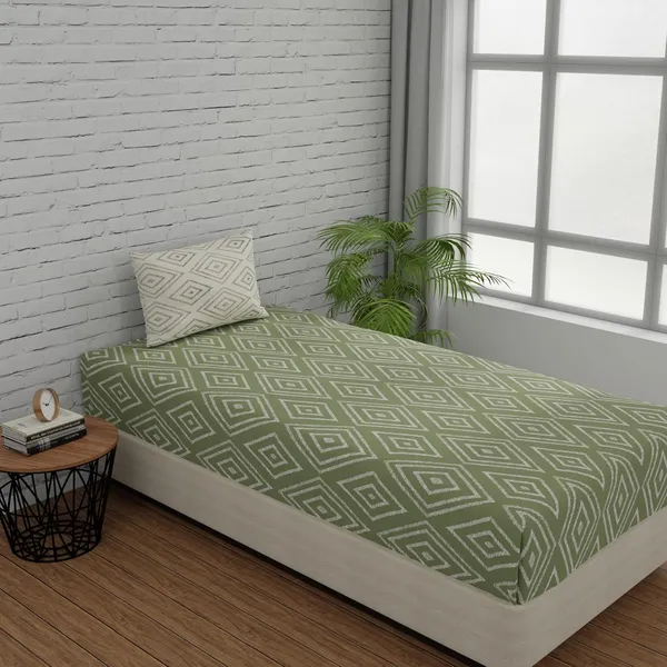 144_TC_Fitted_Cotton_Bedsheet_Single_Bed_with_1_Pillow_Cover_|_36x78_inches_|_Sage_Green_&_White