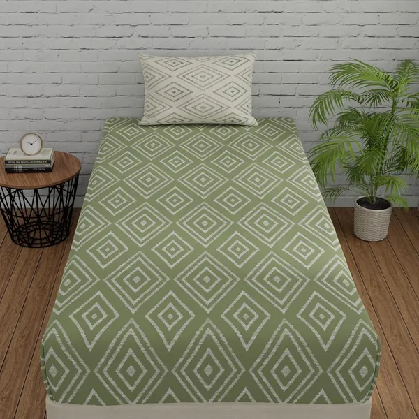 144_TC_Fitted_Cotton_Bedsheet_Single_Bed_with_1_Pillow_Cover_|_36x78_inches_|_Sage_Green_&_White