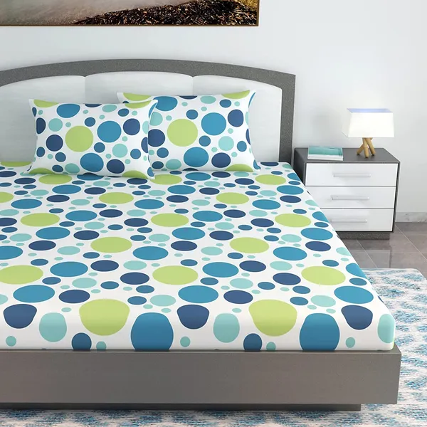 144_TC_Polka_Dot_Bedsheet_King_Size_Bed_Cotton_/_Extra_Large_Double_Size_Bedsheet_with_2_Pillow_Covers_-_Blue_and_Green