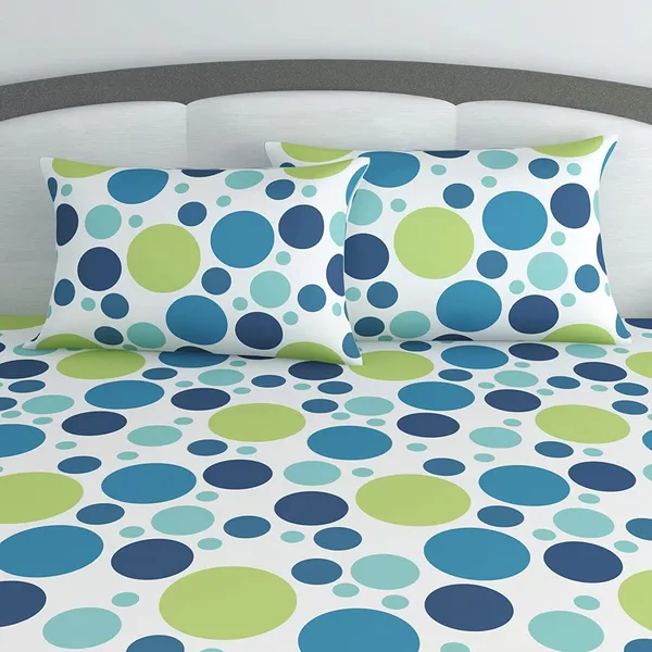 144_TC_Polka_Dot_Bedsheet_King_Size_Bed_Cotton_/_Extra_Large_Double_Size_Bedsheet_with_2_Pillow_Covers_-_Blue_and_Green