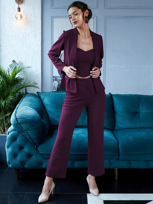 Wine_Shirt_Collar_Top_&_Blazer_With_Trouser_-_Office_Wear