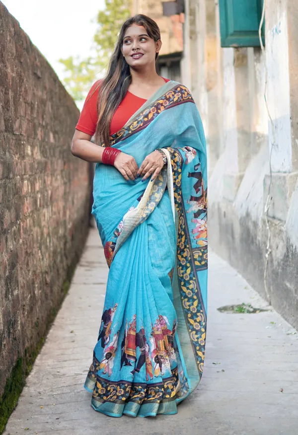 Sky_Blue_Colour_Linen_Saree_(With_Unstitched_Blouse_Piece)_(For_Women)