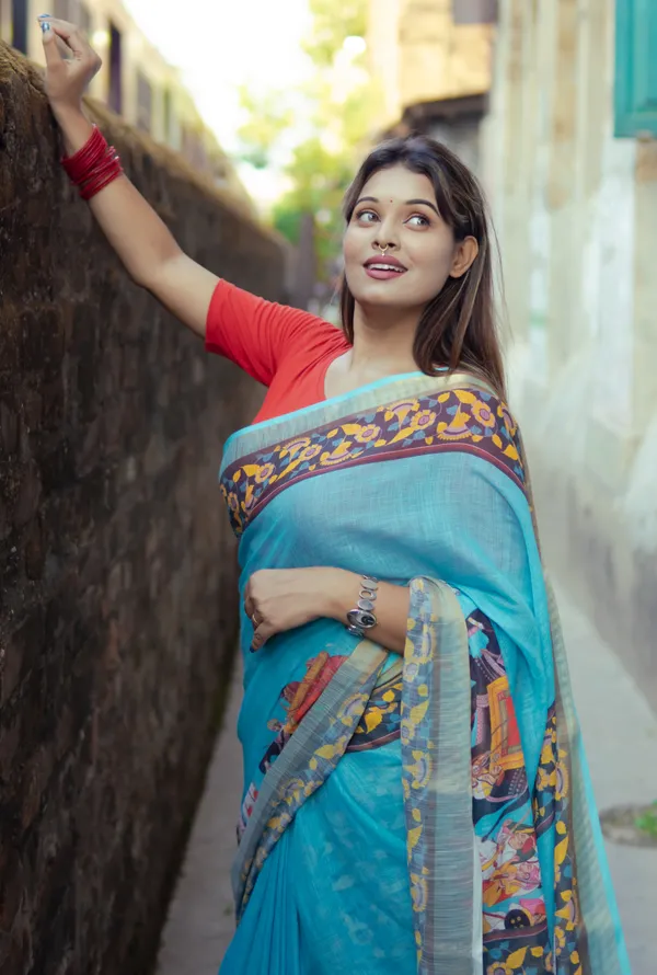 Sky_Blue_Colour_Linen_Saree_(With_Unstitched_Blouse_Piece)_(For_Women)