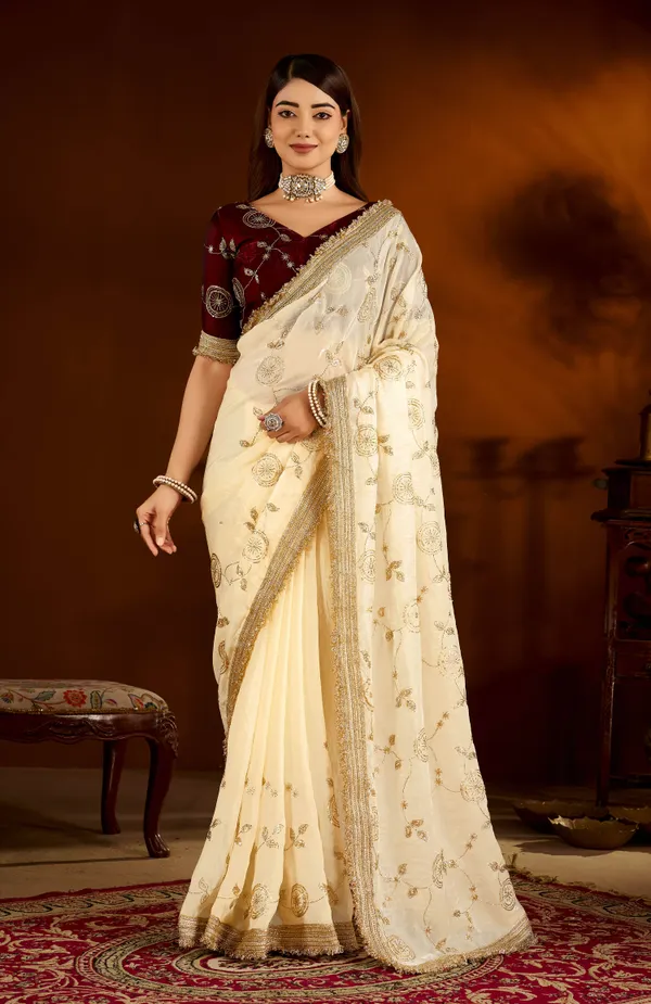 Beige_Color_Satin_Silk_Saree_with_Maroon_Blouse_Heavy_Embroidered_Work