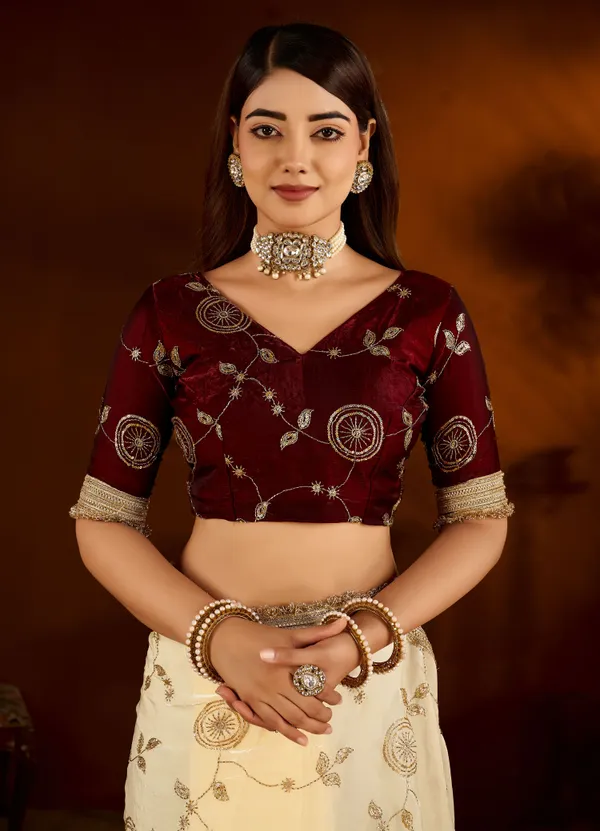 Beige_Color_Satin_Silk_Saree_with_Maroon_Blouse_Heavy_Embroidered_Work