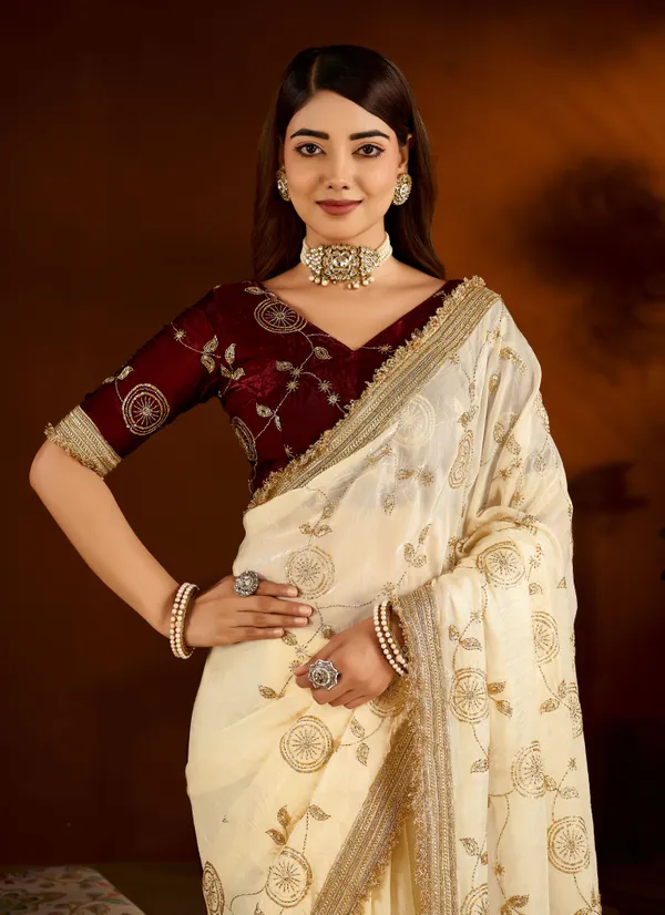 Beige_Color_Satin_Silk_Saree_with_Maroon_Blouse_Heavy_Embroidered_Work