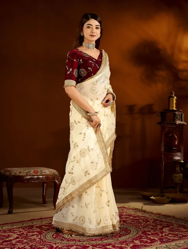 Beige_Color_Satin_Silk_Saree_with_Maroon_Blouse_Heavy_Embroidered_Work
