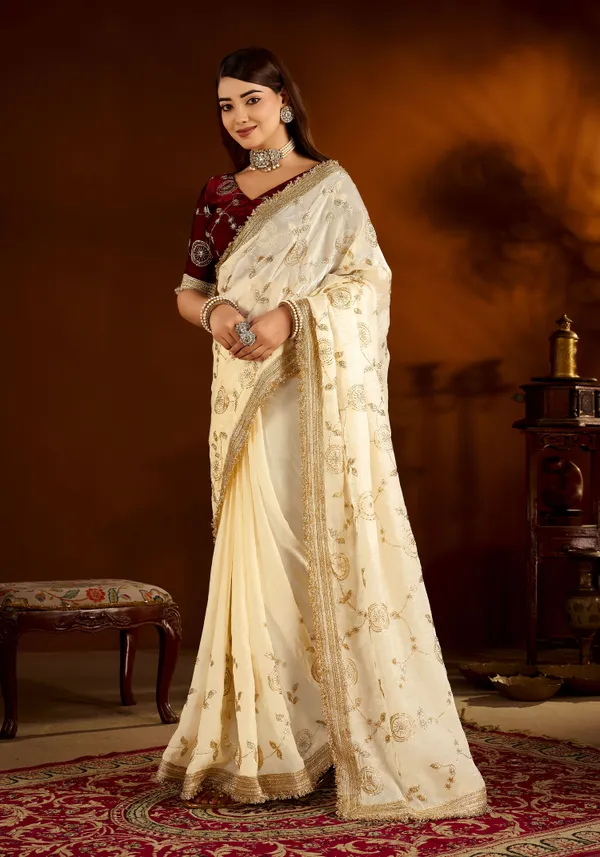 Beige_Color_Satin_Silk_Saree_with_Maroon_Blouse_Heavy_Embroidered_Work