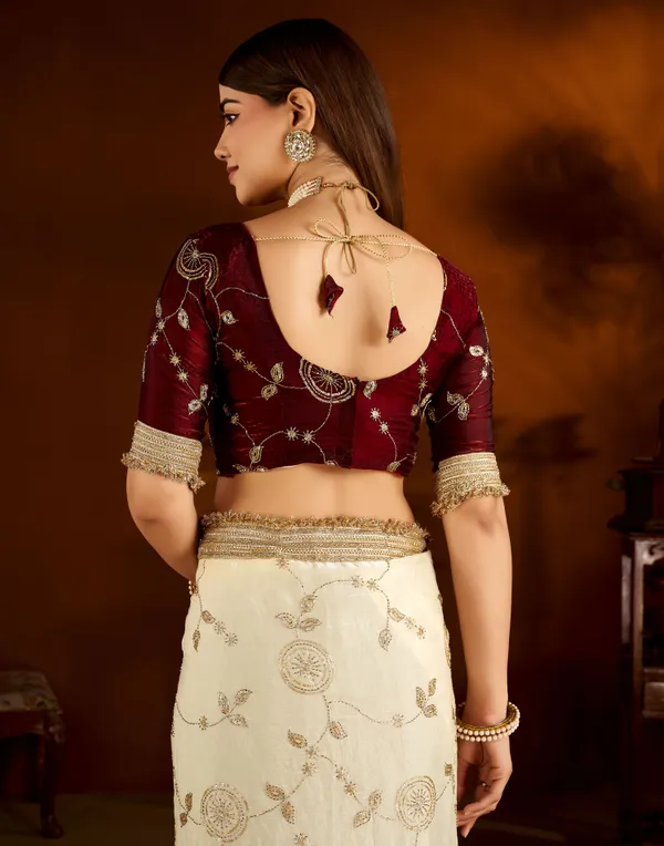 Beige_Color_Satin_Silk_Saree_with_Maroon_Blouse_Heavy_Embroidered_Work