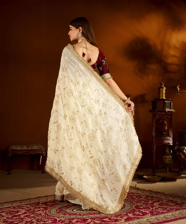 Beige_Color_Satin_Silk_Saree_with_Maroon_Blouse_Heavy_Embroidered_Work