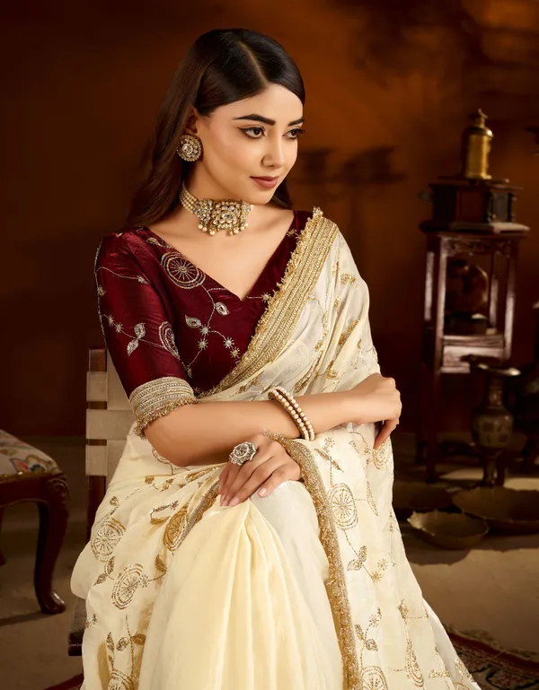 Beige_Color_Satin_Silk_Saree_with_Maroon_Blouse_Heavy_Embroidered_Work
