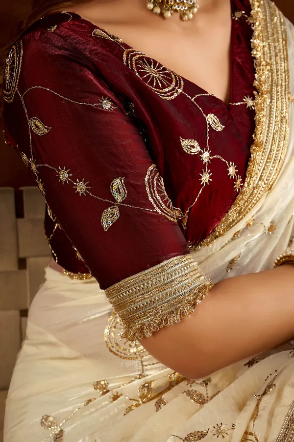Beige_Color_Satin_Silk_Saree_with_Maroon_Blouse_Heavy_Embroidered_Work