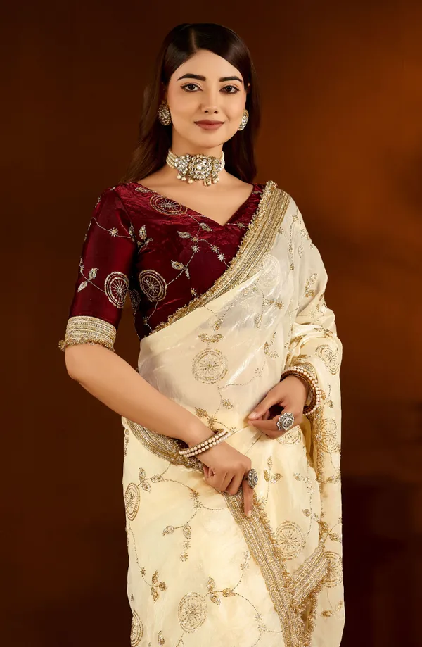 Beige_Color_Satin_Silk_Saree_with_Maroon_Blouse_Heavy_Embroidered_Work