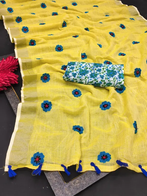 Yellow_Colour_Linen_Saree_(With_Unstitched_Blouse_Piece)_(For_Women)