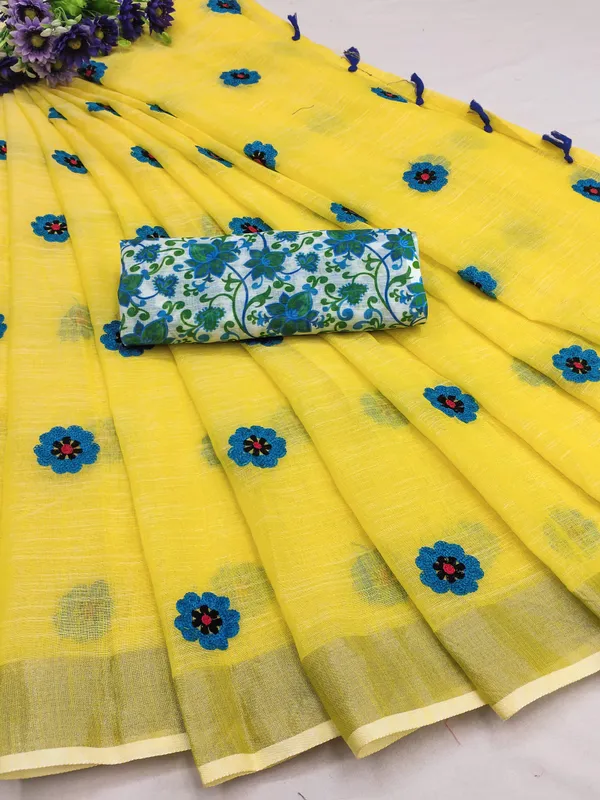 Yellow_Colour_Linen_Saree_(With_Unstitched_Blouse_Piece)_(For_Women)
