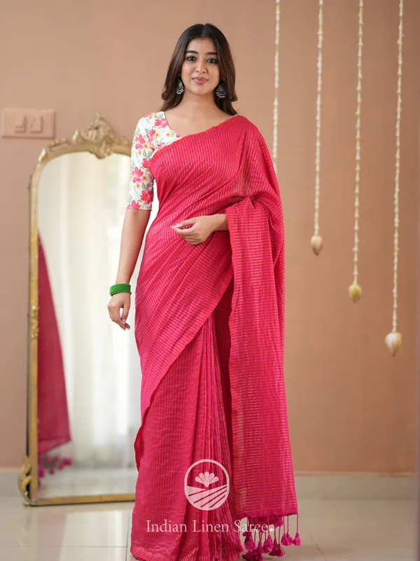 Pink_Stripe_cotton_Saree_designer_Print_Blouse